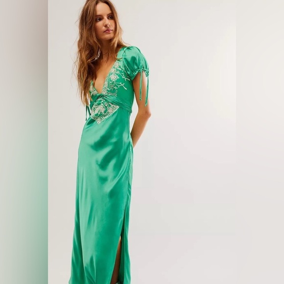 Free People Dresses & Skirts - Free People Emerald Green Satin Maxi Dress with Embroidered Bodice